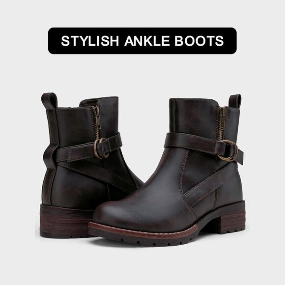 Women's 9682 Brown Ankle Flat Boots Buckle Short Booties for Women's - Picture 6 of 7